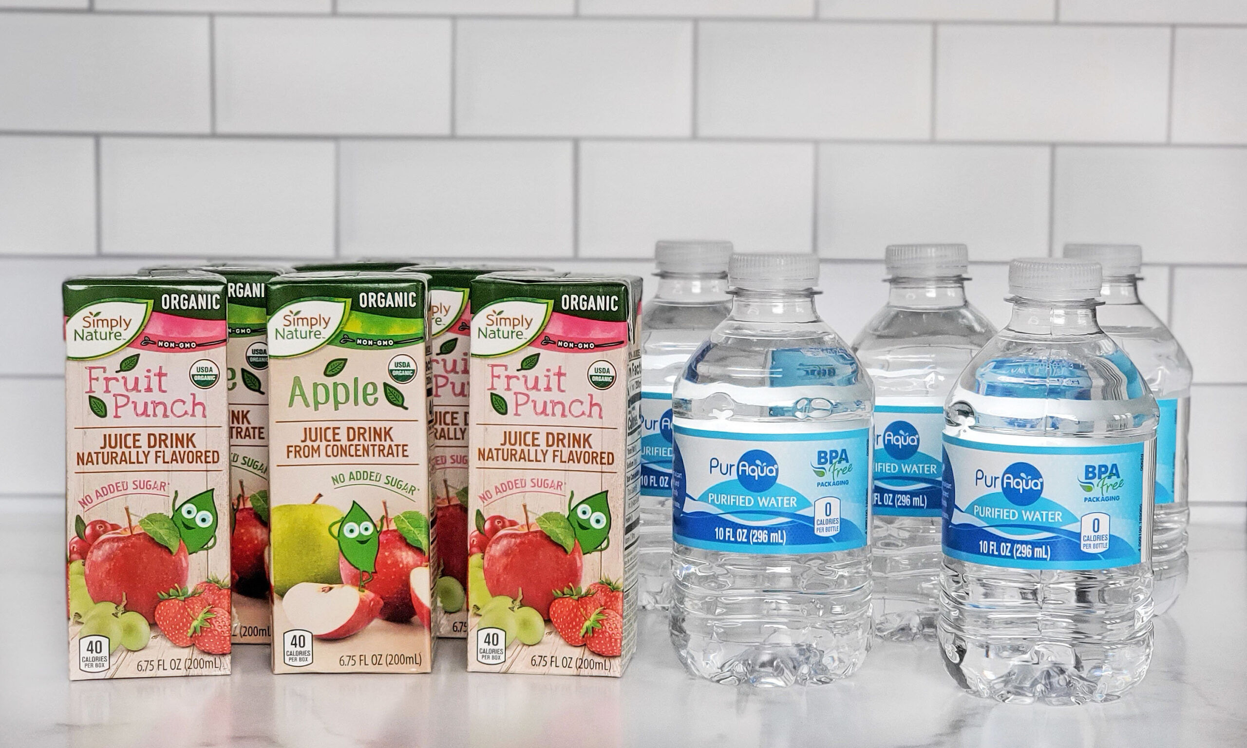 aldi simply nature organic juice boxes and puraqua water bottles